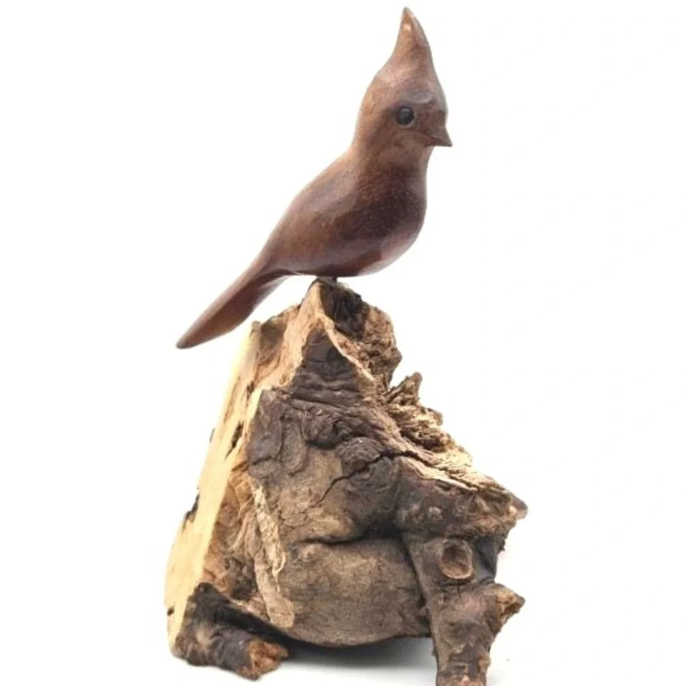 Hand Carved Wooden Bird on Driftwood Base • Rustic Folk Art Woodland‎ Decor